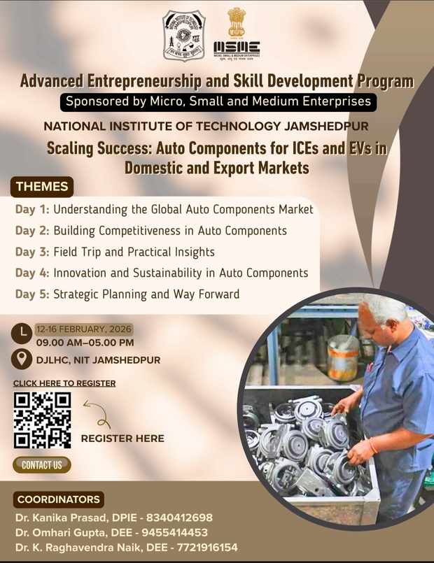 NIT Jamshedpur to Host Advanced Entrepreneurship and Skill Development Program on auto components 